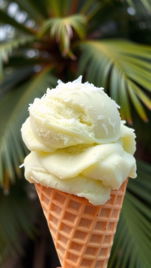 A delicious scoop of pandan coconut ice cream in a cone with shredded coconut on top.