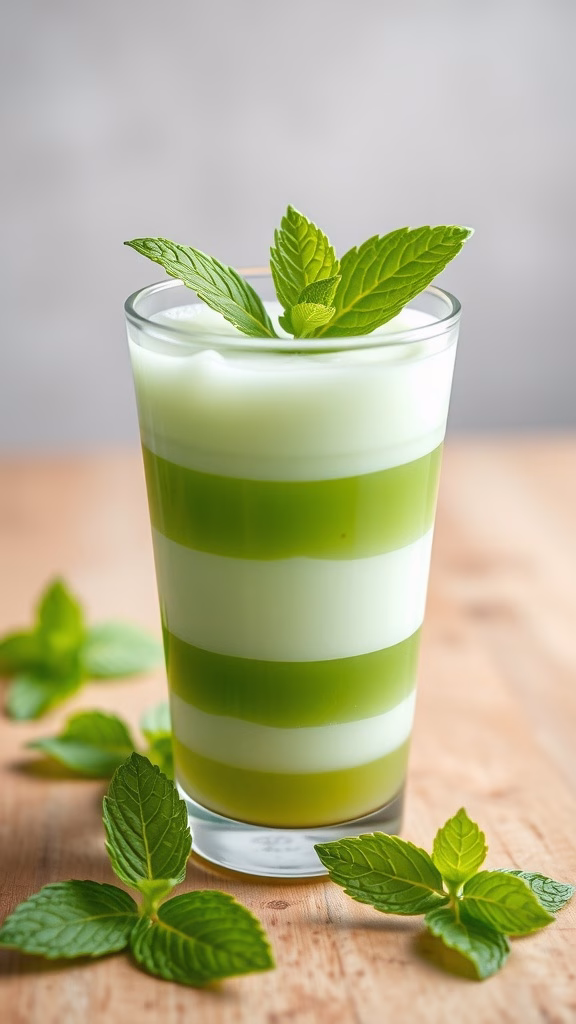 A glass of pandan coconut jelly with green and white layers, garnished with fresh mint leaves.