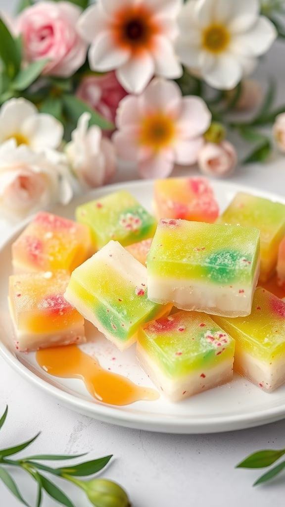 Pandan coconut jelly cubes served on a plate