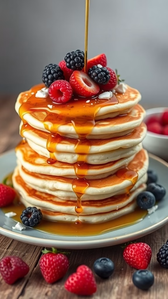 A stack of delicious pandan coconut pancakes topped with fresh berries and syrup.