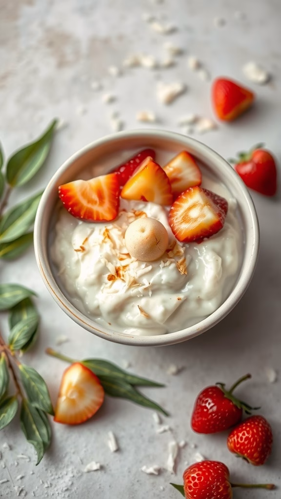 Delicious pandan coconut rice pudding topped with strawberries and coconut flakes.