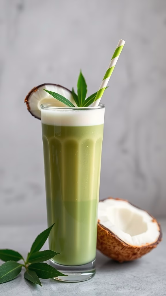 A refreshing pandan coconut smoothie in a glass with a green straw and garnish.