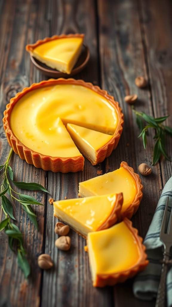 A delicious pandan custard tart with slices cut out, showcasing its vibrant yellow filling and flaky crust.