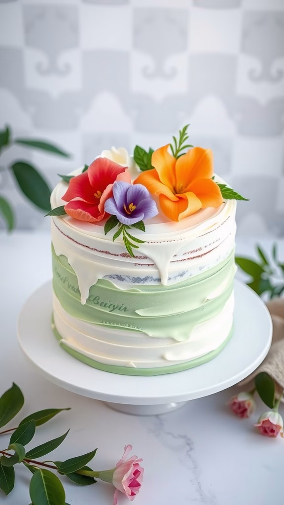 A beautifully decorated pandan layered cake with vibrant flowers on top.