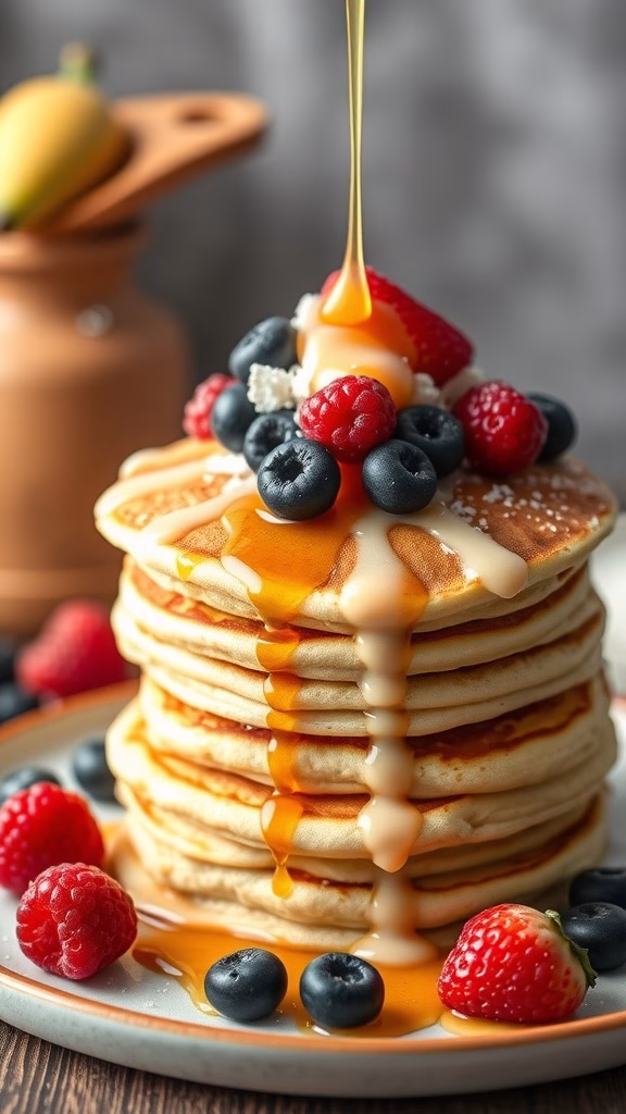 Delicious stack of pandan pancakes topped with fresh berries and coconut syrup.