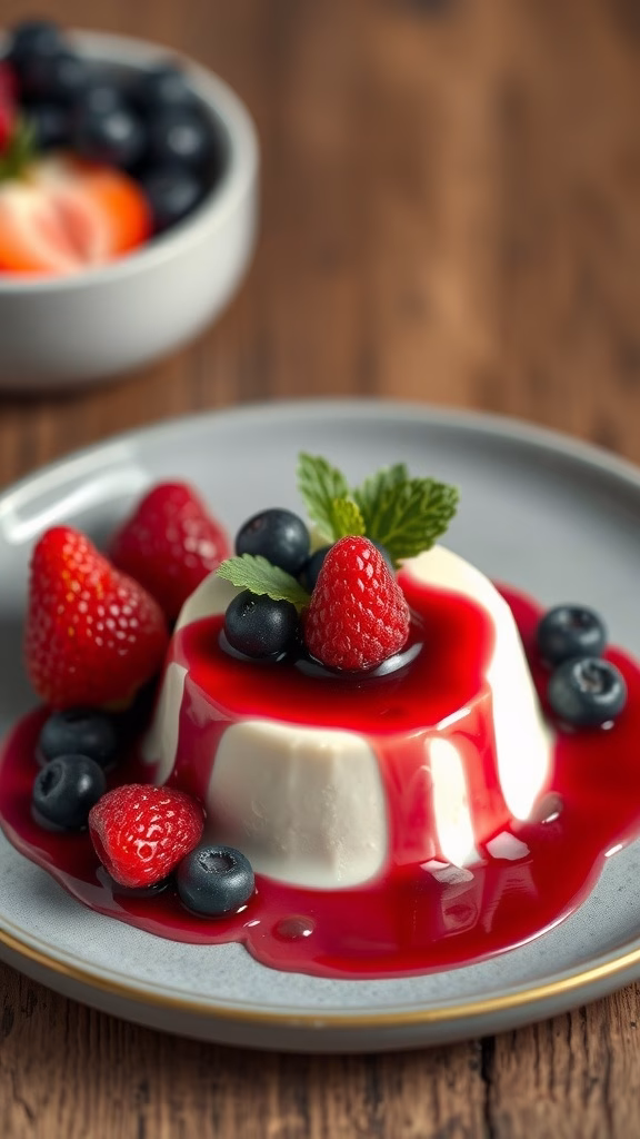 A serving of panna cotta topped with berry sauce and fresh berries.