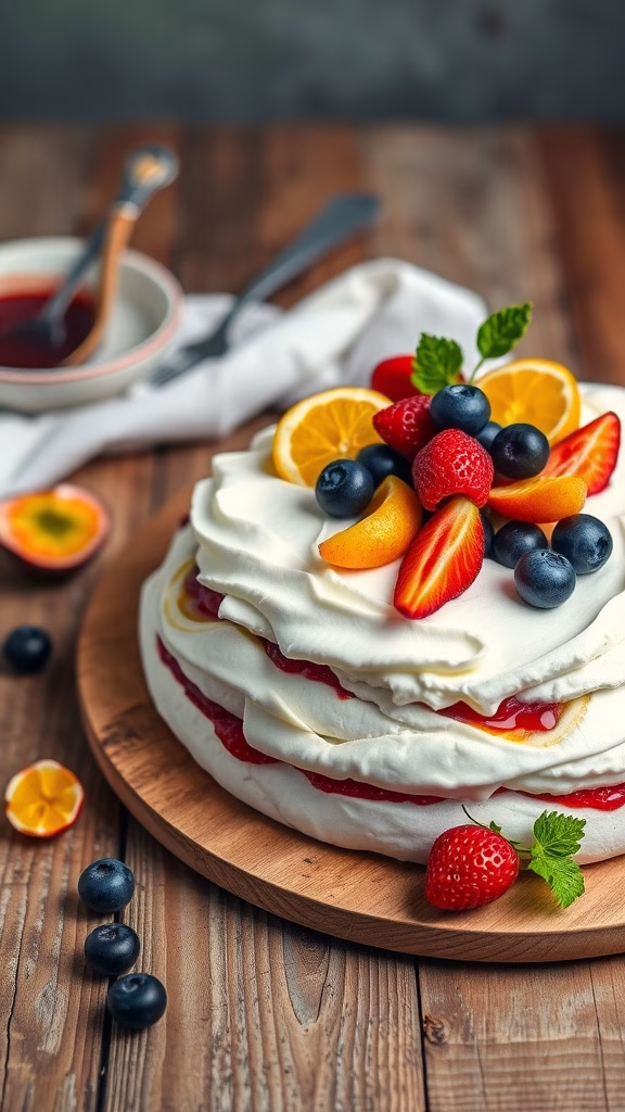 A beautifully decorated passion fruit pavlova topped with fresh fruits on a wooden table.