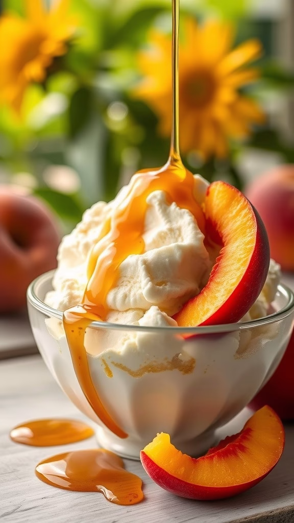 A delicious bowl of peach and vanilla ice cream with slices of peach on top and a drizzle of syrup.