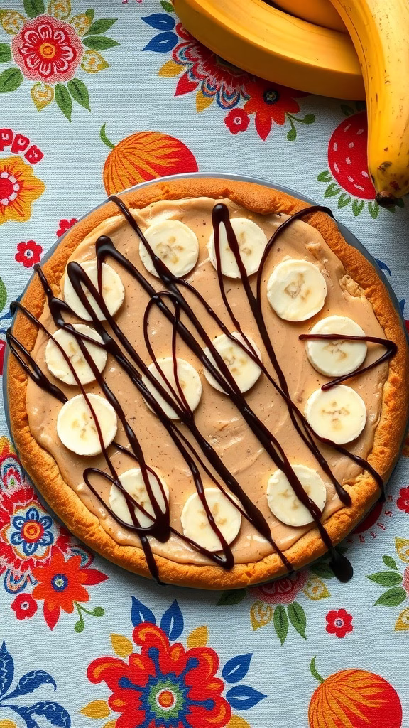 A delicious peanut butter and banana dessert pizza topped with chocolate drizzle.