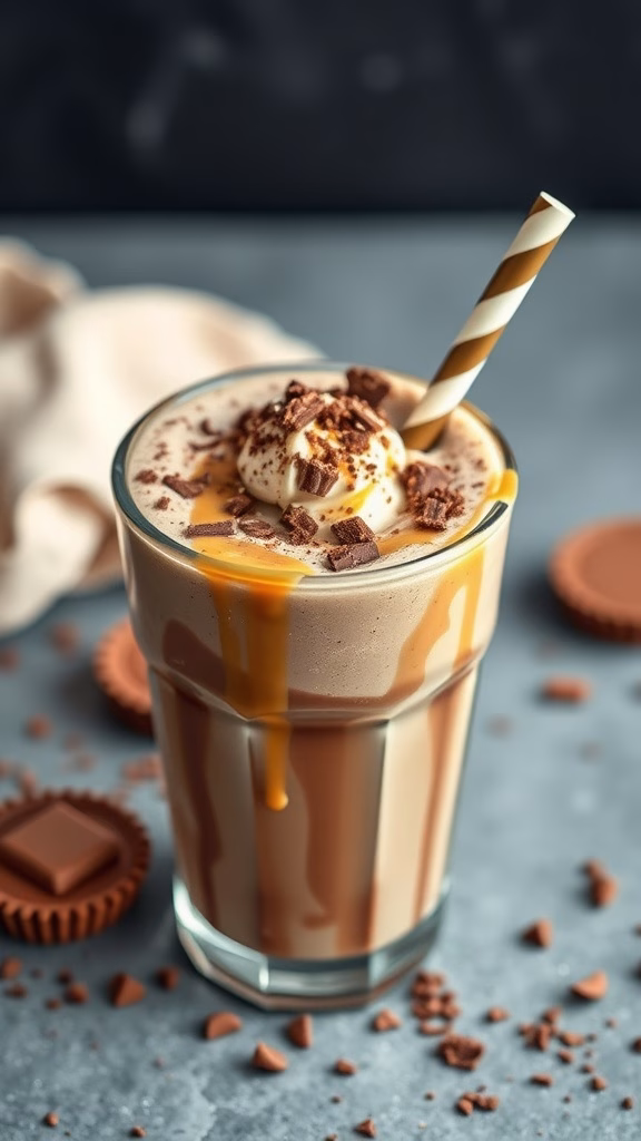 A delicious peanut butter cup smoothie topped with whipped cream and chocolate shavings.