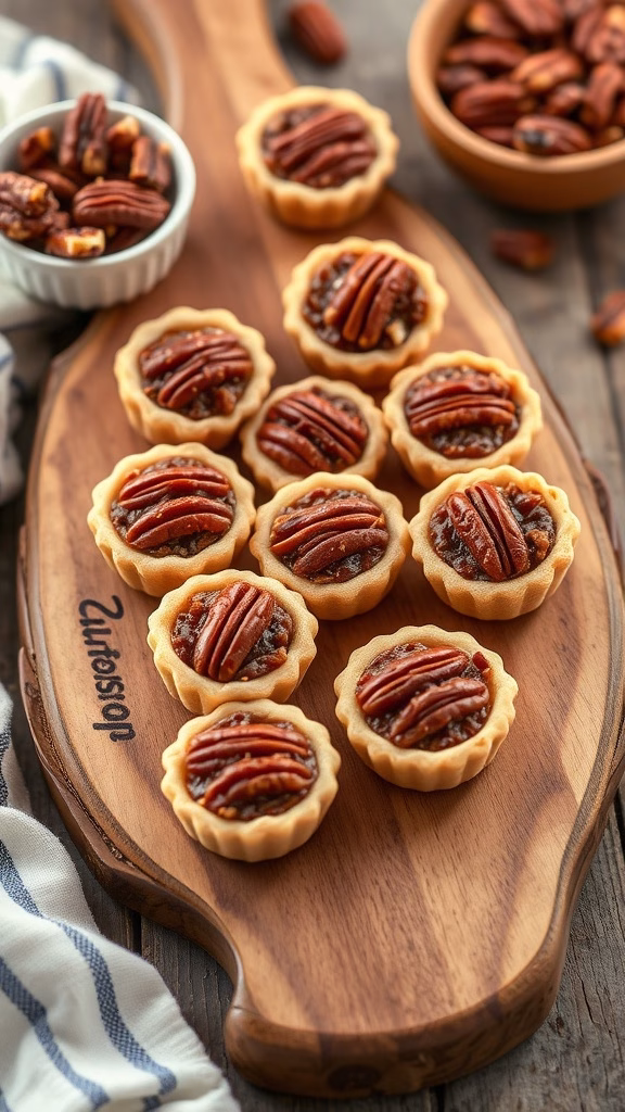 Delicious pecan pie bites arranged on a wooden platter.