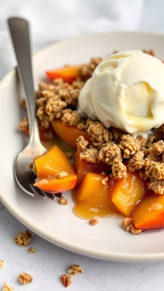 A bowl of peppercorn peach crisp topped with ice cream.