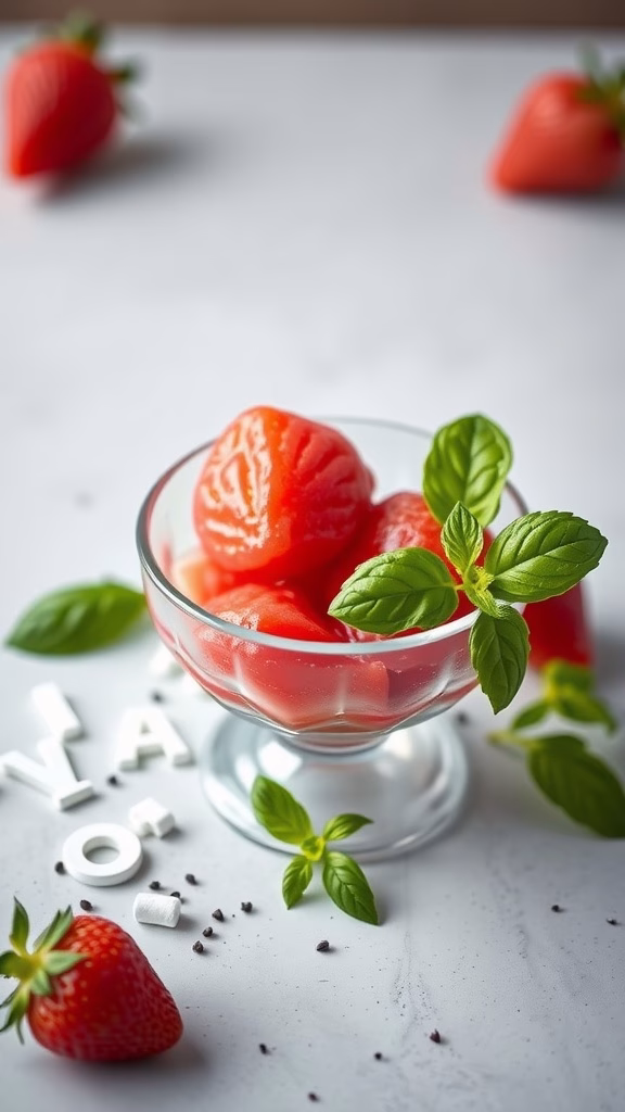 A bowl of strawberry basil sorbet garnished with fresh basil leaves, showcasing a vibrant red color.