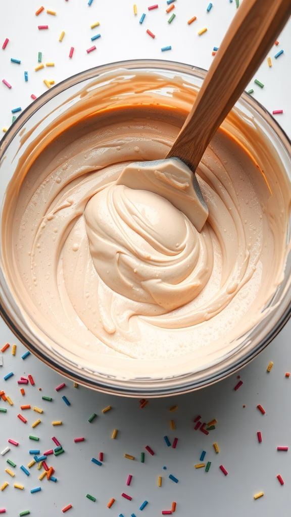 A bowl of creamy cake batter with a wooden spoon on a table sprinkled with colorful sprinkles.