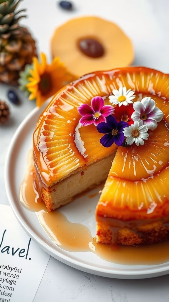 Pineapple upside-down cake decorated with edible flowers.