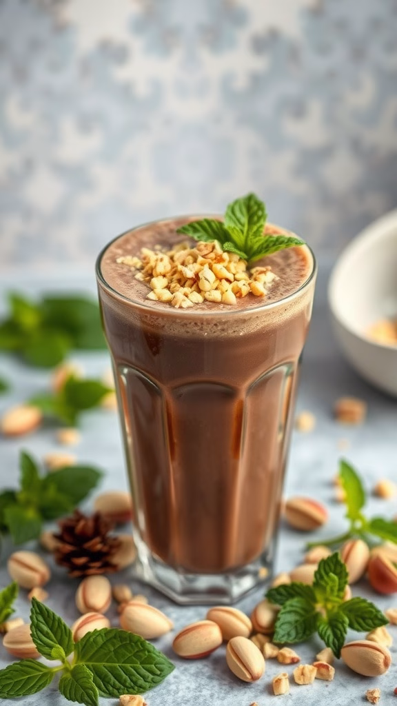 Pistachio and Mint Chocolate Drink in a glass with nuts and mint leaves
