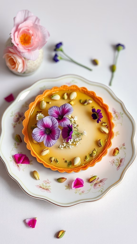 Pistachio and rose water tart garnished with flowers and pistachios.