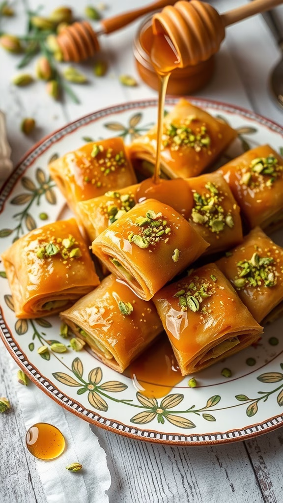 Delicious pistachio baklava rolls drizzled with honey and topped with crushed pistachios.