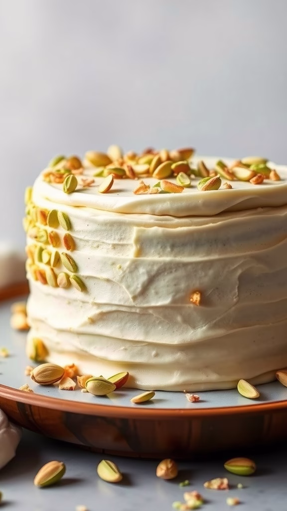 A beautifully decorated pistachio cake with cream cheese frosting and sprinkled pistachios on top.