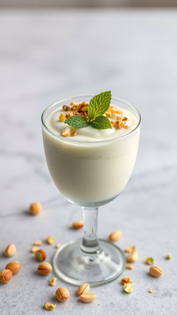 A creamy pistachio mousse topped with nuts and mint leaves in a glass dessert cup.
