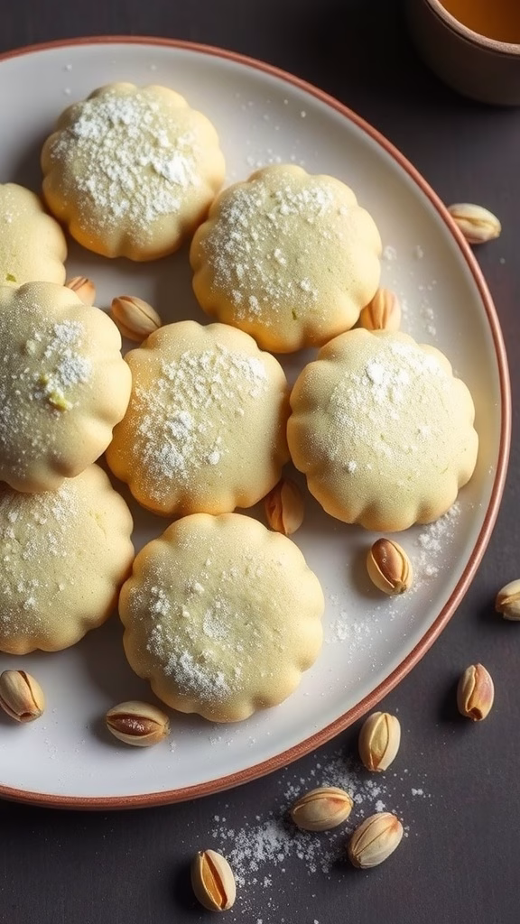 Pistachio Green Tea Cookies arranged on a plate with some pistachios scattered around.