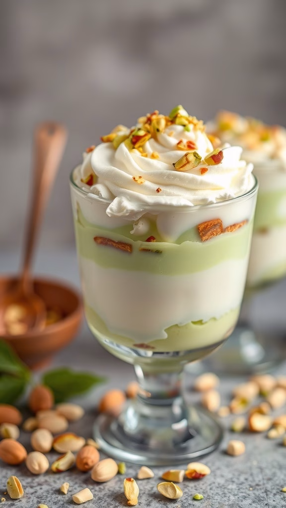 Pistachio pudding parfaits with whipped cream and crushed pistachios