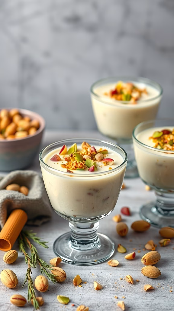 Delicious pistachio rosewater pudding served in elegant cups, garnished with nuts and flowers.