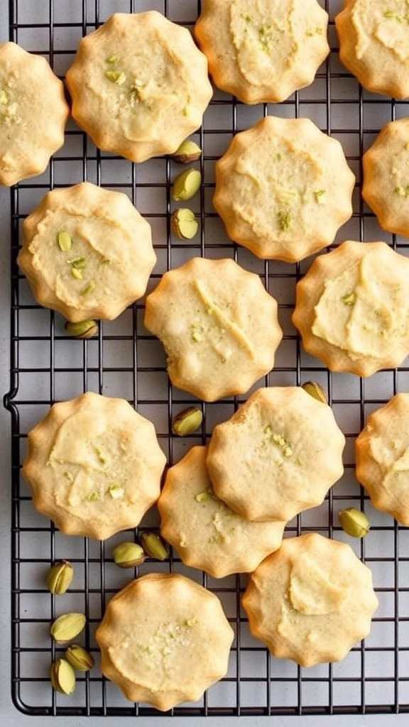 A plate of freshly baked pistachio shortbread cookies, showcasing their golden color and sprinkled pistachio bits.
