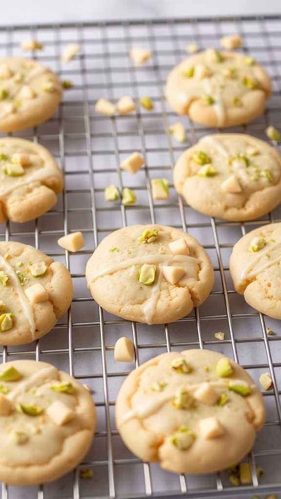 Delicious pistachio white chocolate cookies on a wire rack, topped with chopped pistachios.