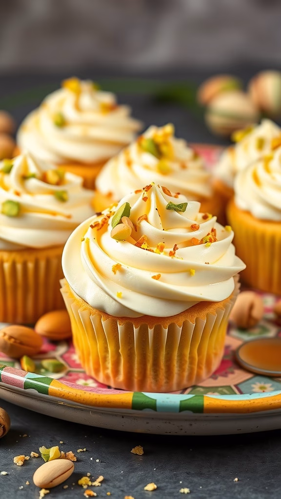 Delicious pistachio white chocolate cupcakes decorated with frosting and nuts.