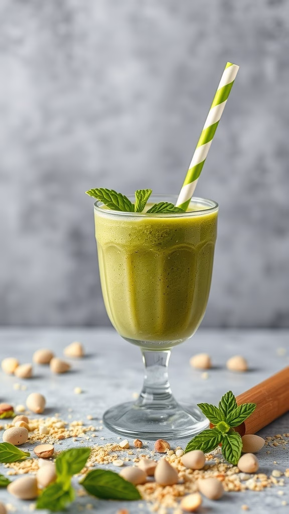 A refreshing green smoothie in a glass with a striped straw, garnished with mint leaves.