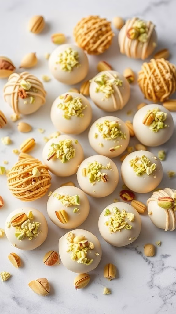 Delicious pistachio white chocolate truffles decorated with crushed pistachios and drizzled with white chocolate.