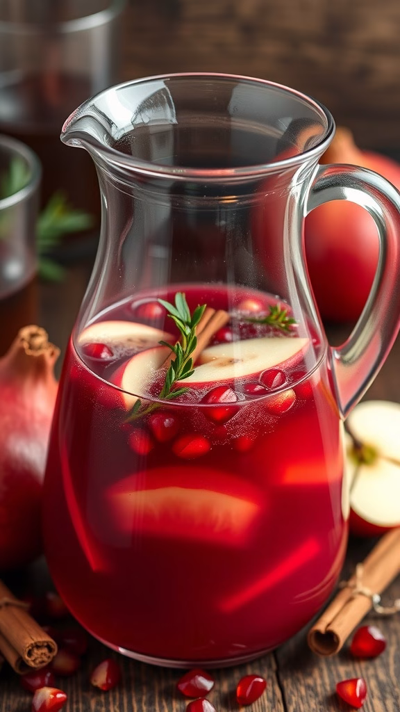 A pitcher of pomegranate cider sangria with apple slices and pomegranate seeds, garnished with cinnamon sticks and a sprig of rosemary.