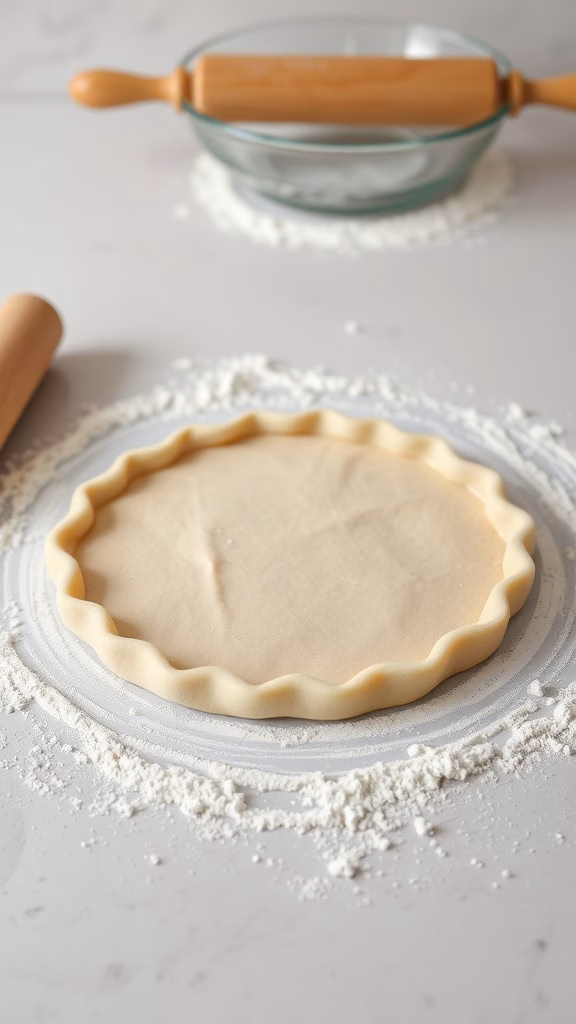 A rolled-out pie crust on a floured surface with a rolling pin and a glass bowl in the background.