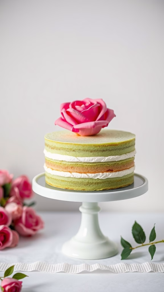 A beautiful Prinsesstårta with layers of sponge cake, filled with cream and covered in green marzipan, topped with a pink rose.