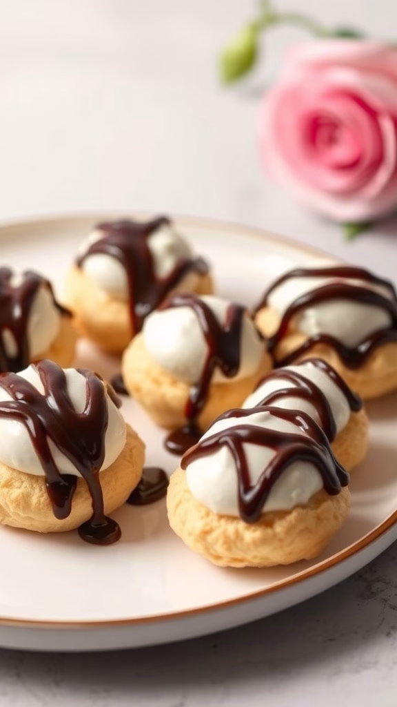 Delicious profiteroles topped with chocolate sauce and whipped cream