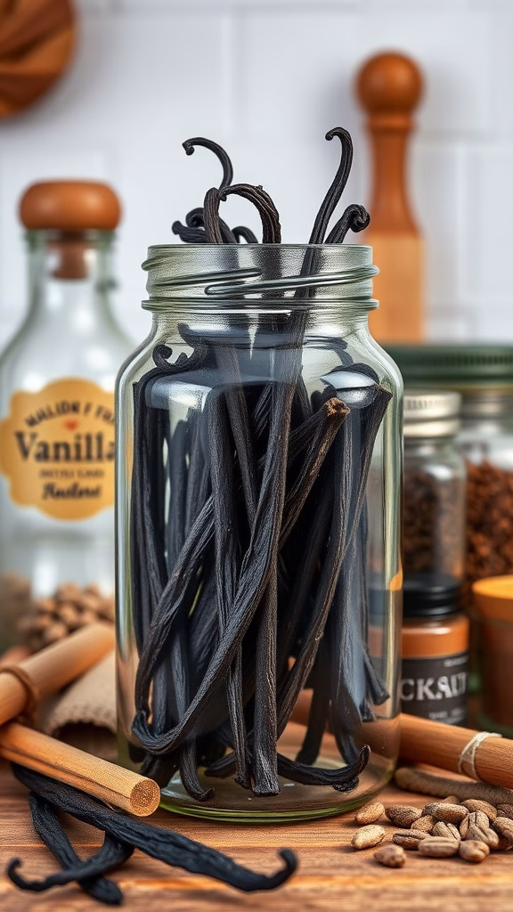 A jar filled with vanilla beans, placed among various kitchen items.