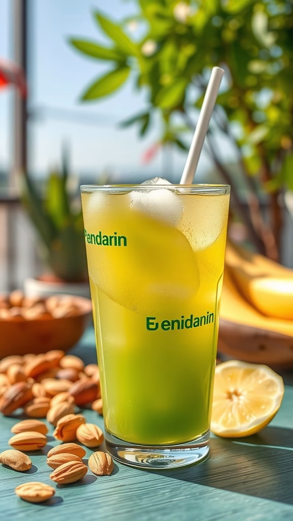 A refreshing glass of pandan tea with ice, surrounded by almonds and lemon slices.