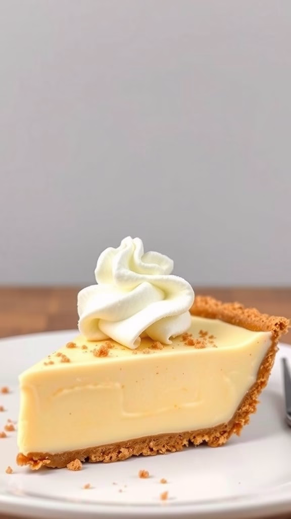 A slice of creamy pudding pie topped with whipped cream on a plate.