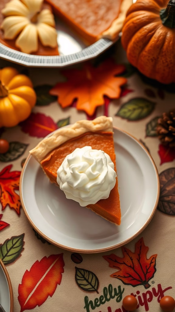 A slice of pumpkin pie topped with whipped cream on a decorative plate
