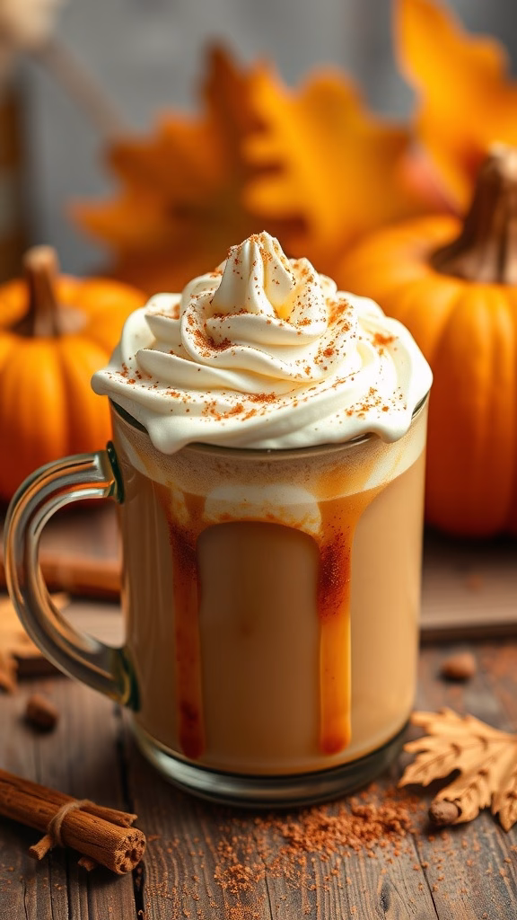 A warm pumpkin spice latte float topped with whipped cream and spices in a glass mug.