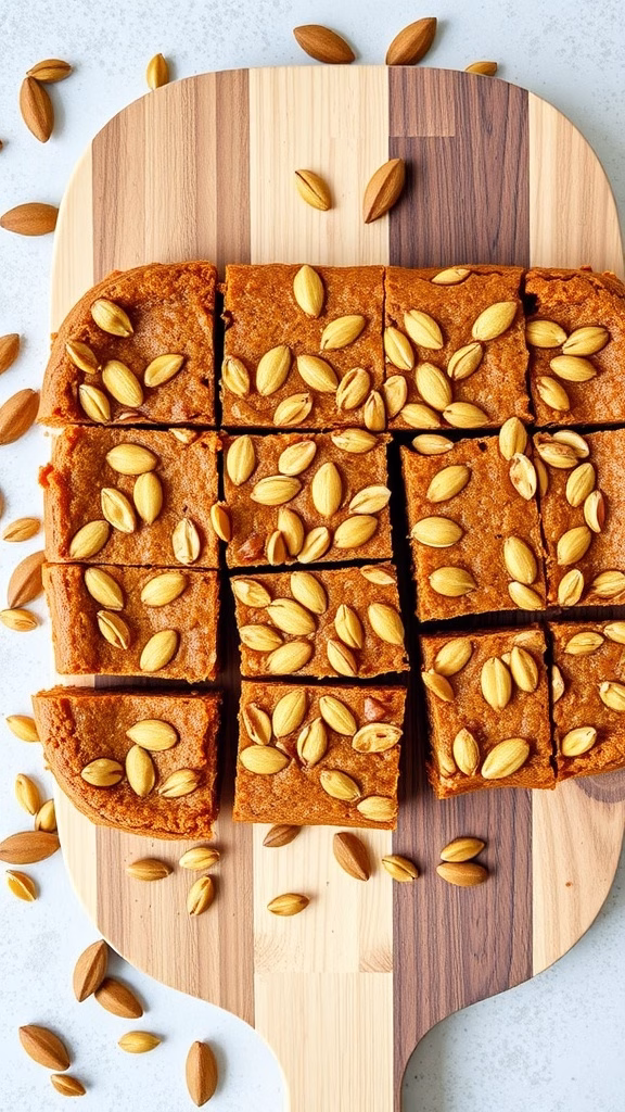 Delicious pumpkin spice protein bars topped with seeds, cut into squares.