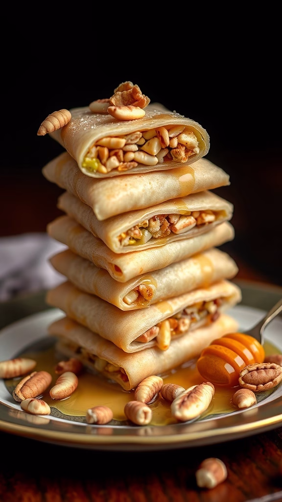 A stack of Qatayef with nut filling, drizzled with honey.