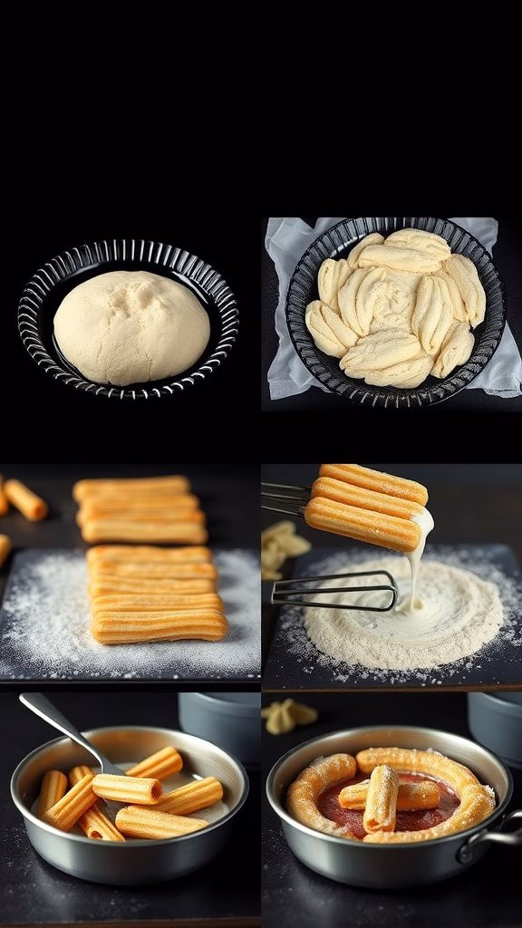 Step-by-step process of making churros, showcasing dough preparation, shaping, frying, and coating.