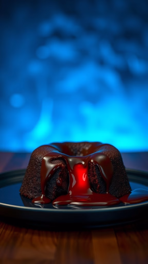 A radiant chocolate lava cake with a glowing effect