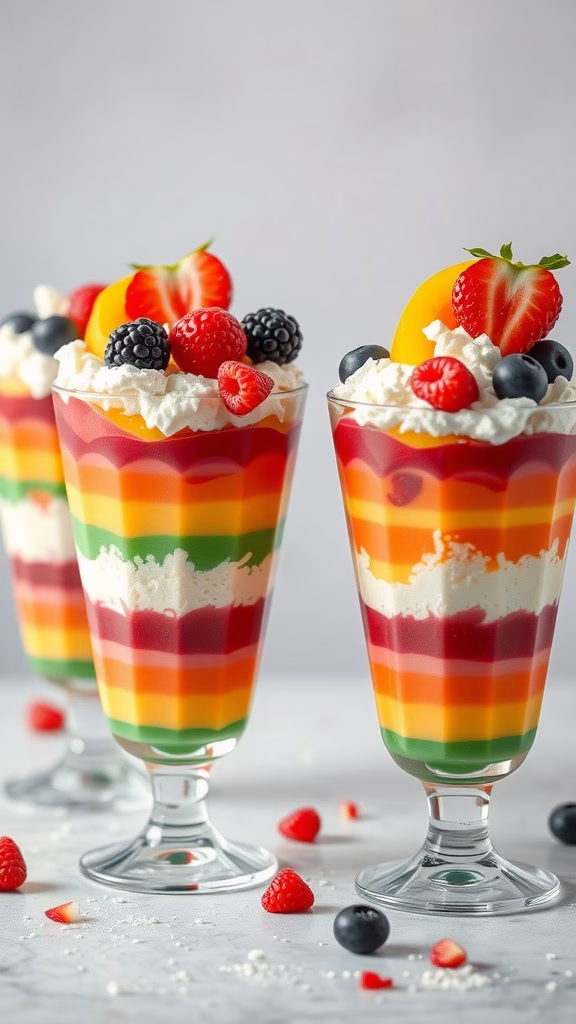 Colorful layered coconut jello parfaits topped with fresh berries and whipped cream.