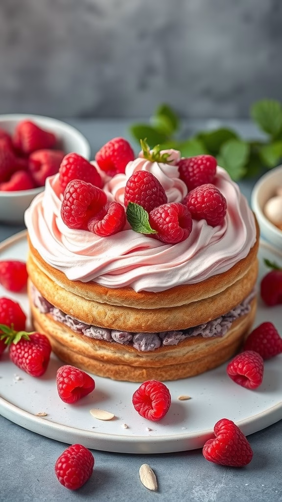 A beautiful raspberry almond cake topped with fresh raspberries and cream.