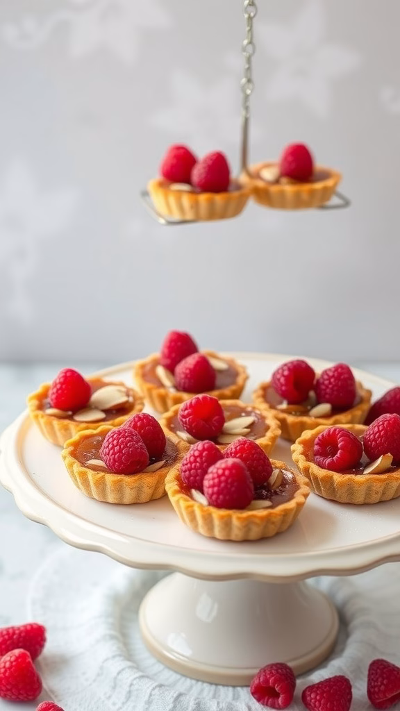 Raspberry Almond Tartlets arranged on a white cake stand