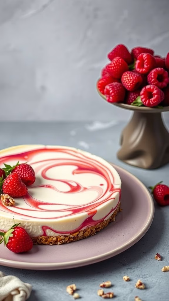 A beautiful raspberry swirl vegan cheesecake on a pink plate, garnished with fresh raspberries.
