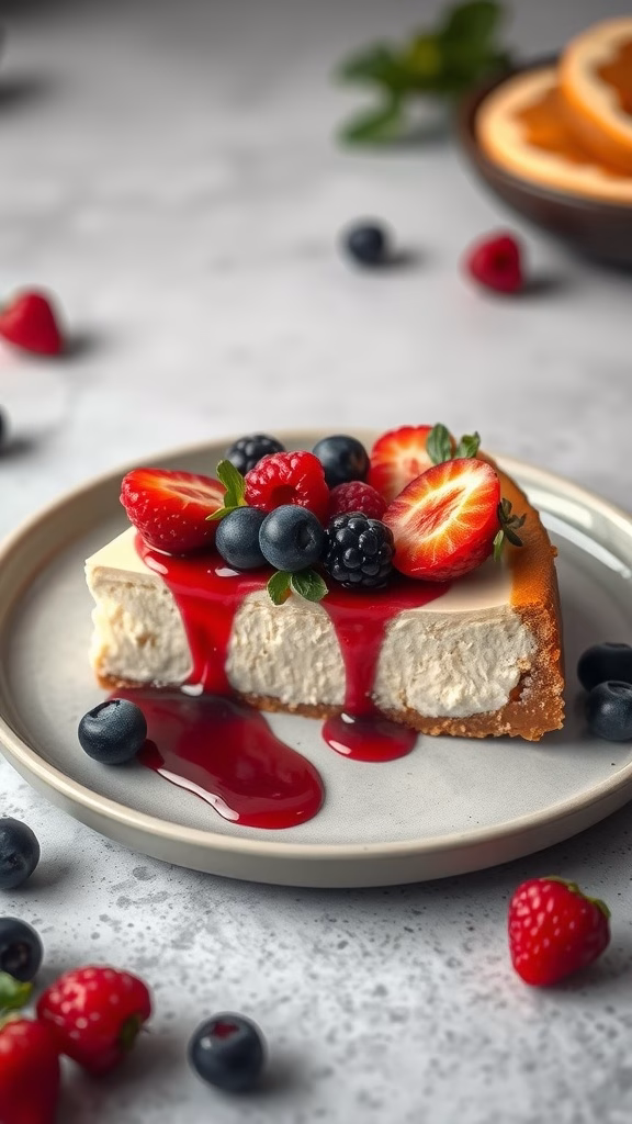 A slice of raw vegan cheesecake topped with fresh berries and a berry sauce